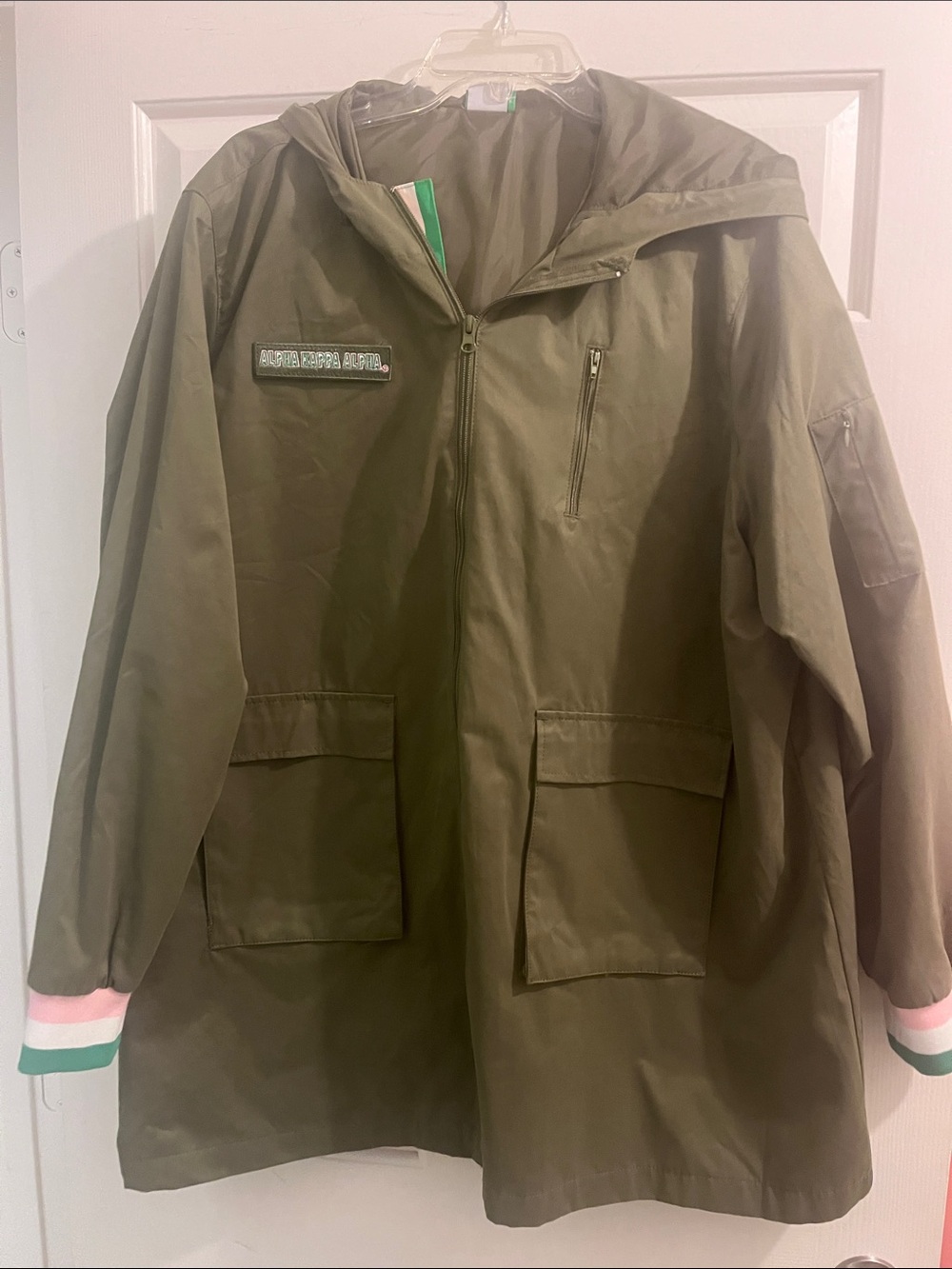 Ladies Olive Green Hooded Jacket with Stripe Cuffs